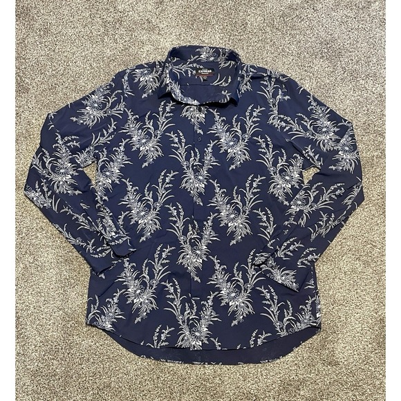 Express Other - Express Men Shirt XL Extra Slim Navy Blue Floral Hawaiian Button Up Long Sleeve